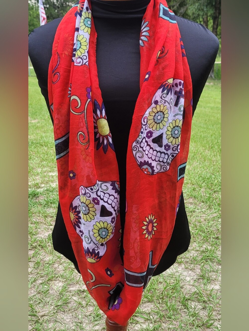 Day Of The Dead ~ Sugar Skull ~ Boho Red Infinity Scarf ❤️ GORGEOUS!!!